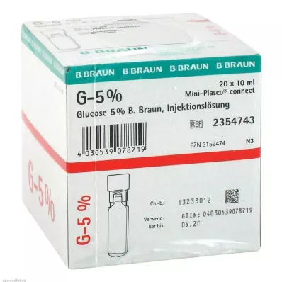 Glukos 5 % Braun Mini Plasco connect injektionslösning, 20X10 ml